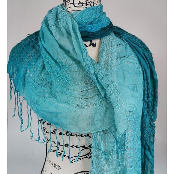 Women's Lightweight Accessory Scarf Teal Pink‎ Tassel Stripe - Set of 2 - Picture 5 of 6